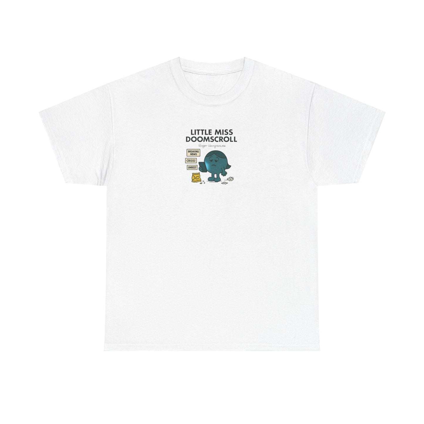 Little Miss Doom Scroll, Funny Mr Men Cartoon Art T-Shirt