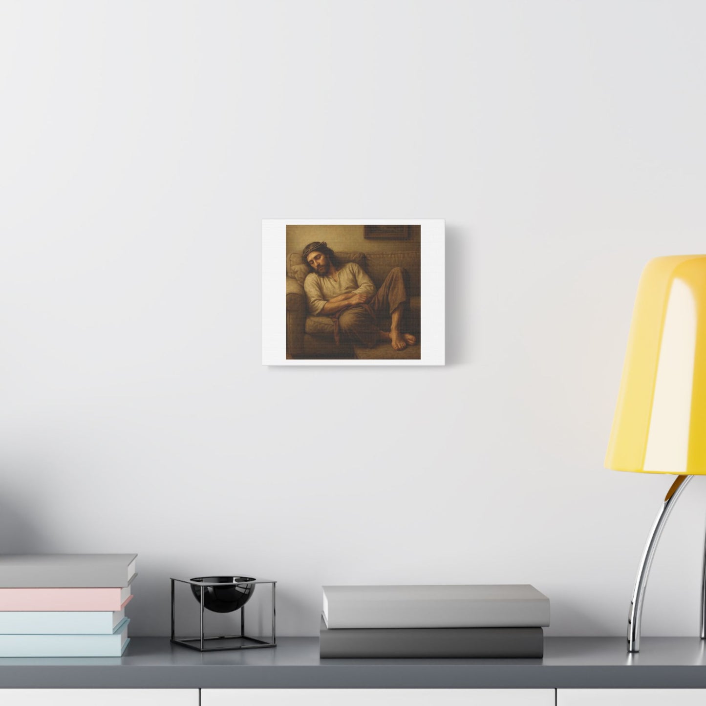 Jesus Christ Asleep on the Sofa 'Designed by AI', Art Print on Canvas