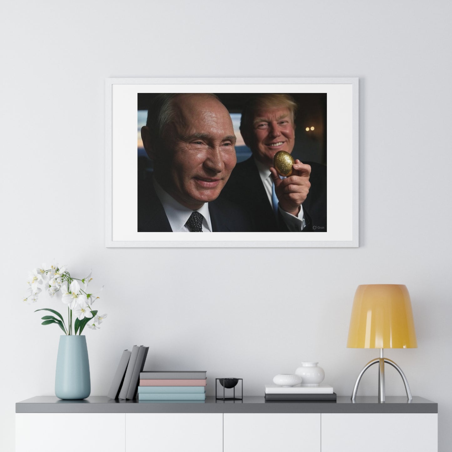 Putin, Trump and the Legend of the Golden Egg, Abstract Art 'Designed by AI' Framed Print
