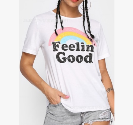 Feelin' Good  White T-Shirt, Rainbow Print