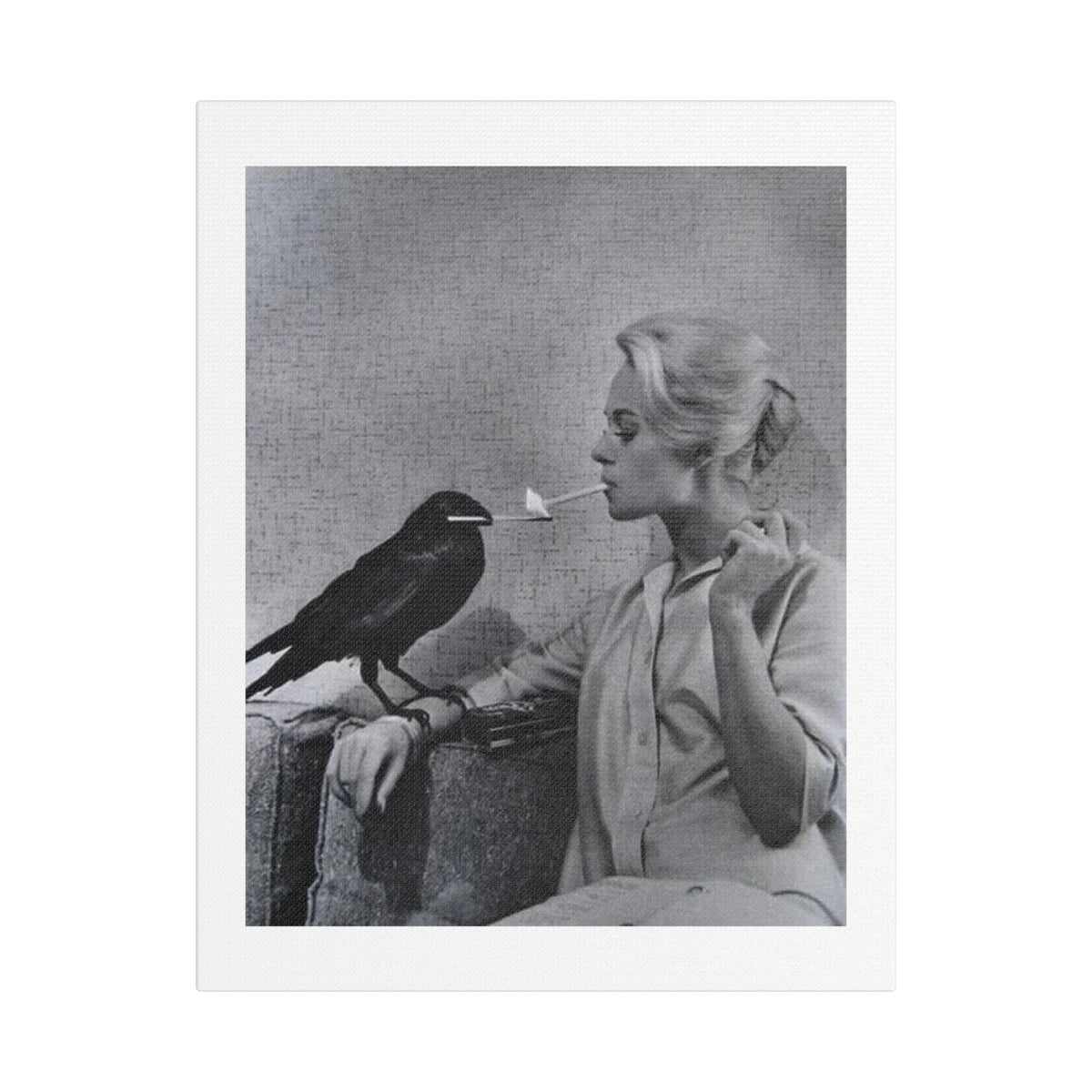 The Woman and the Raven, Retro Art Print on Satin Canvas, Stretched