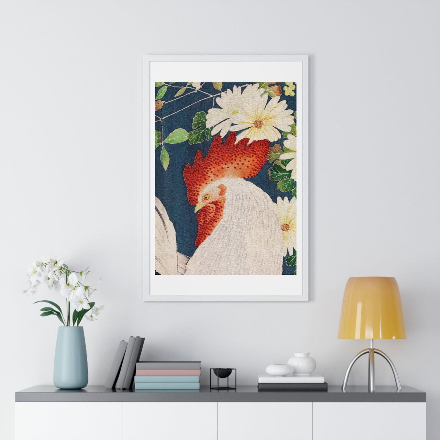 Rooster Pattern on Kimono Fabric, from the Original, Framed Art Print