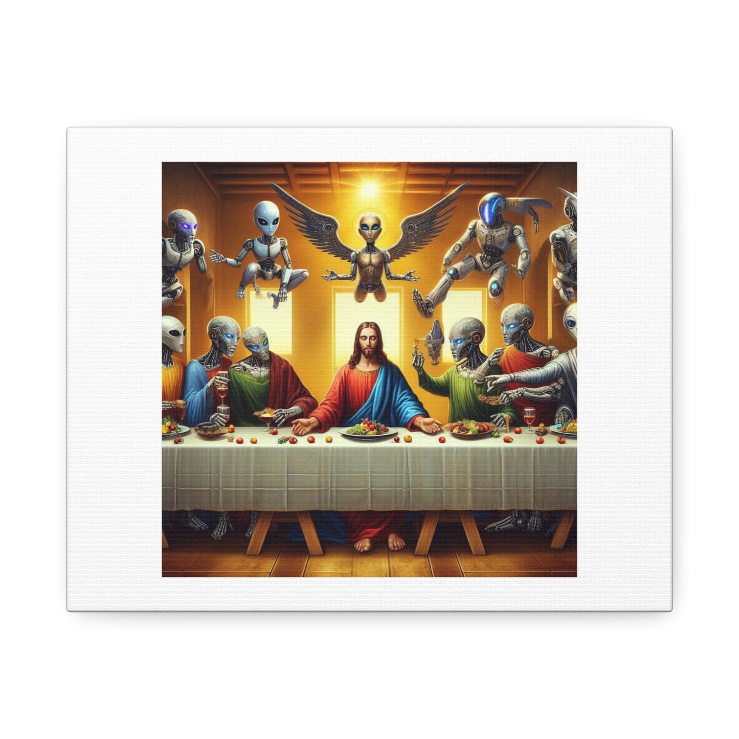 Jesus, Aliens, NPCs and Robots Depicted in the Last Supper III, Art Print 'Designed by AI' on Canvas