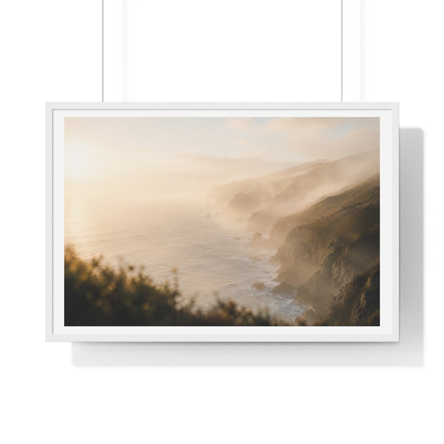Golden Hour Coastal Mist and Cliffs, Landscape Art Framed Print