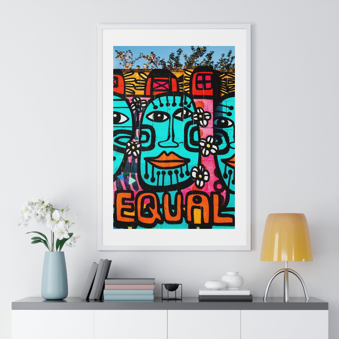 Brightly Coloured Urban Graffiti Mural Artwork, Tribal Faces (2017) Location Unknown, Framed Art Print