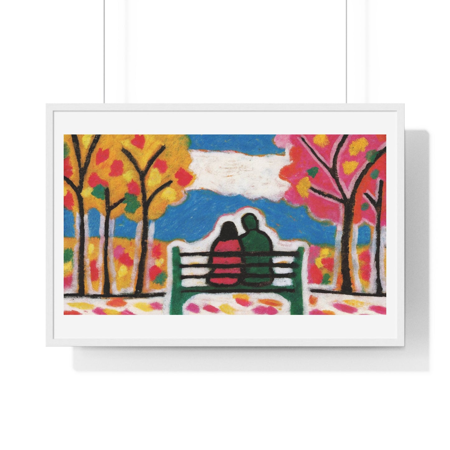 Couple on a Park Bench Fuzzy Felt Art 'Designed by AI' Framed Print