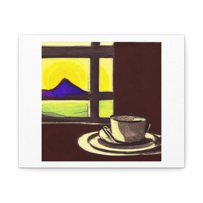 Modernist Sketch of a Coffee Mug On Table Beside a Window Art Print 'Designed by AI' on Satin Canvas