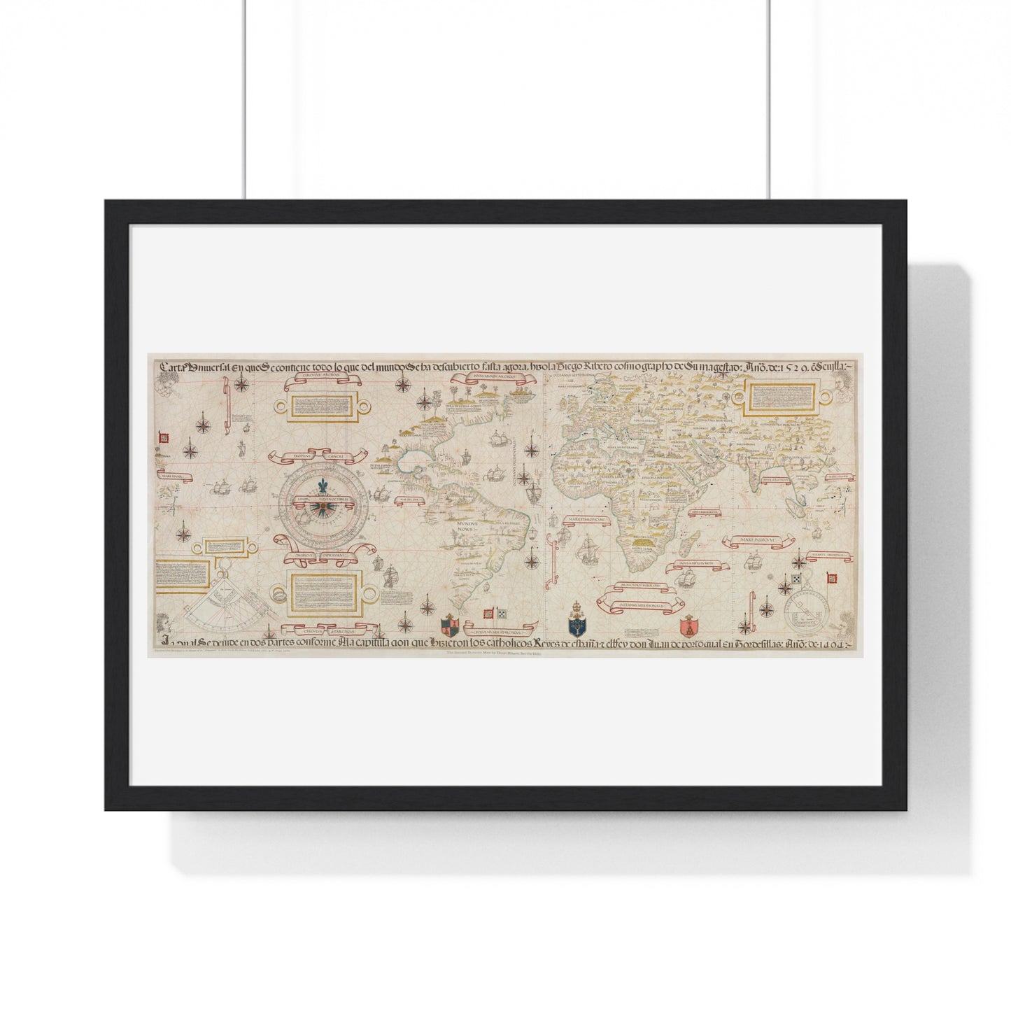 Antique World Map (1529) by Diogo Ribeiro from the Original, Framed Art Print