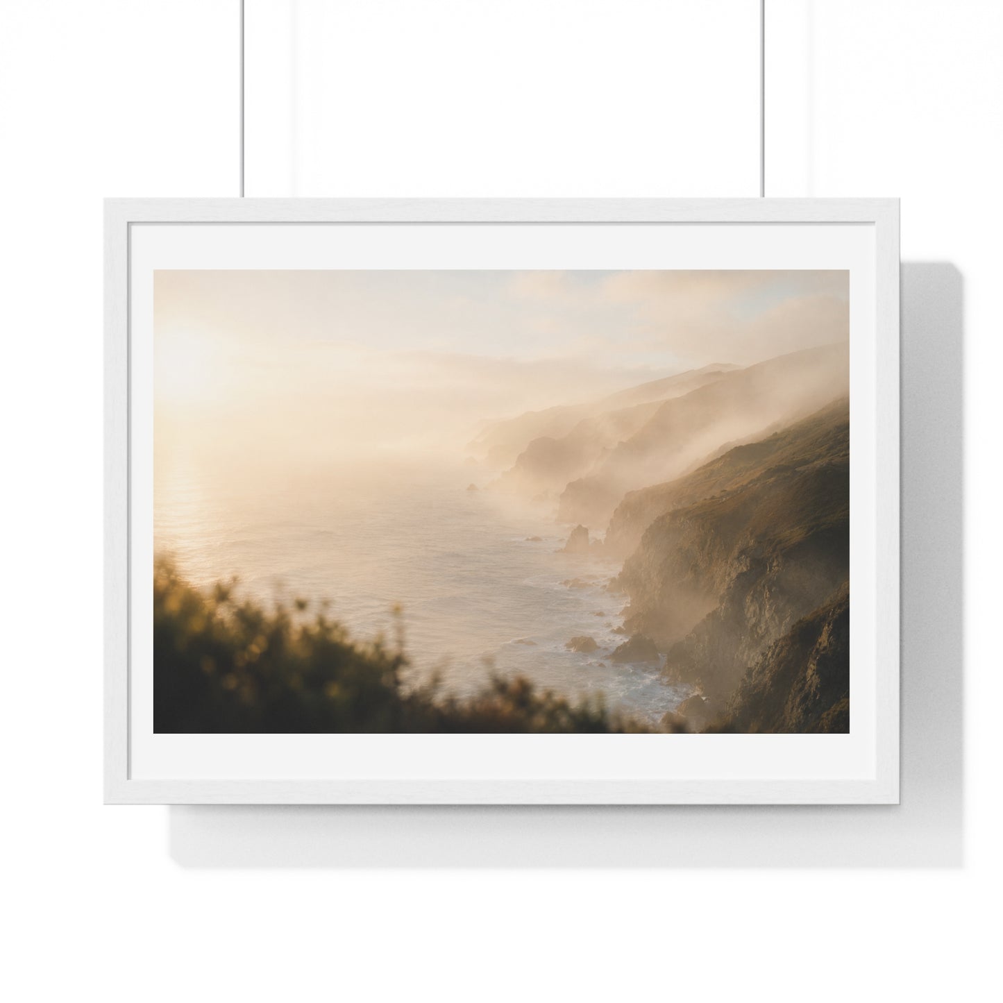 Golden Hour Coastal Mist and Cliffs, Landscape Art Framed Print