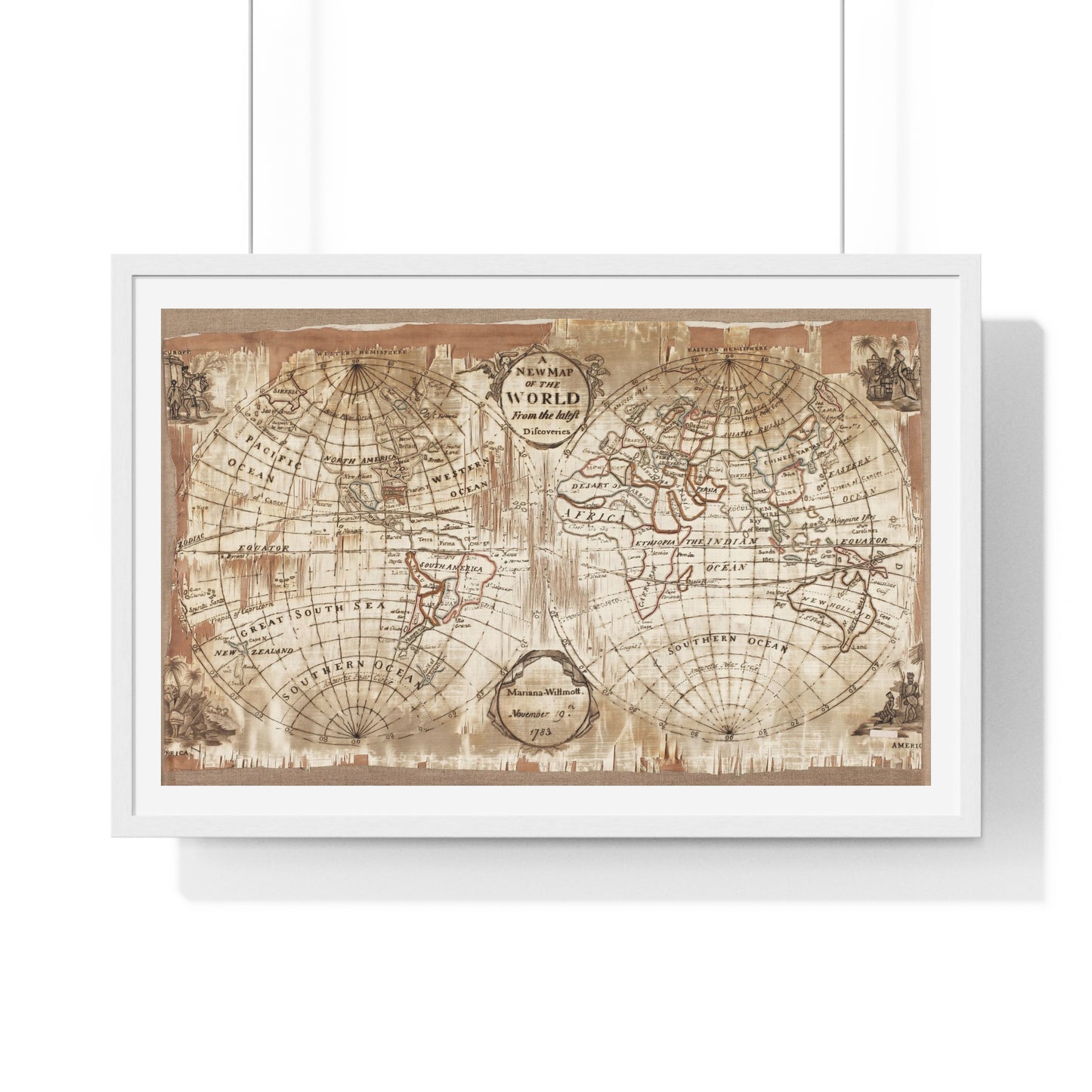 Embroidered World Map Sampler (1783) by Mariana Willmott, from the Original, Framed Art Print