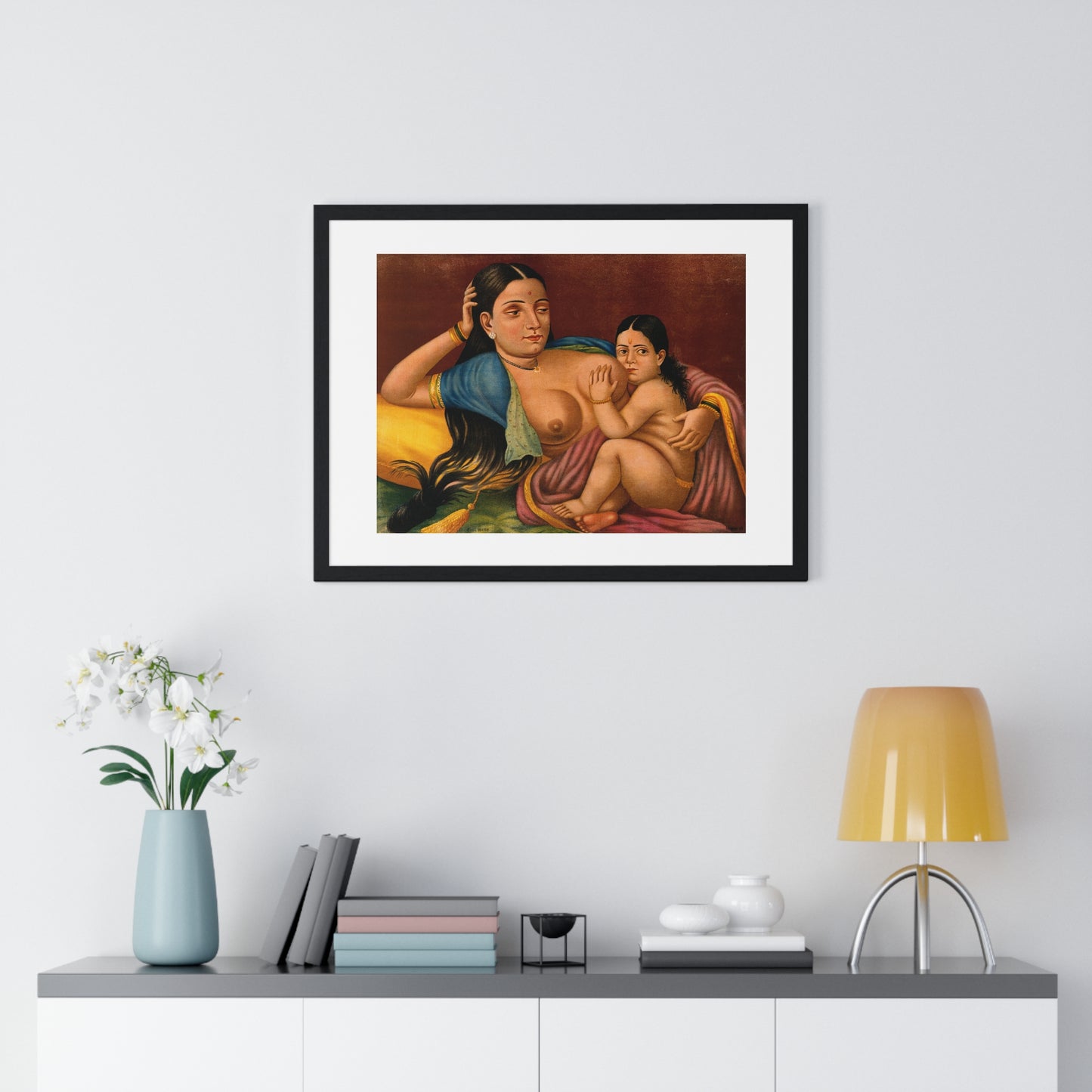 Woman Suckling an Infant, Indian Chromolithograph, from the Original, Framed Art Print