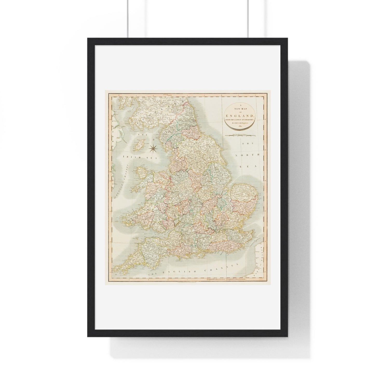 Antique Map: A New Map of England (1811) by John Cary from the Original, Framed Art Print