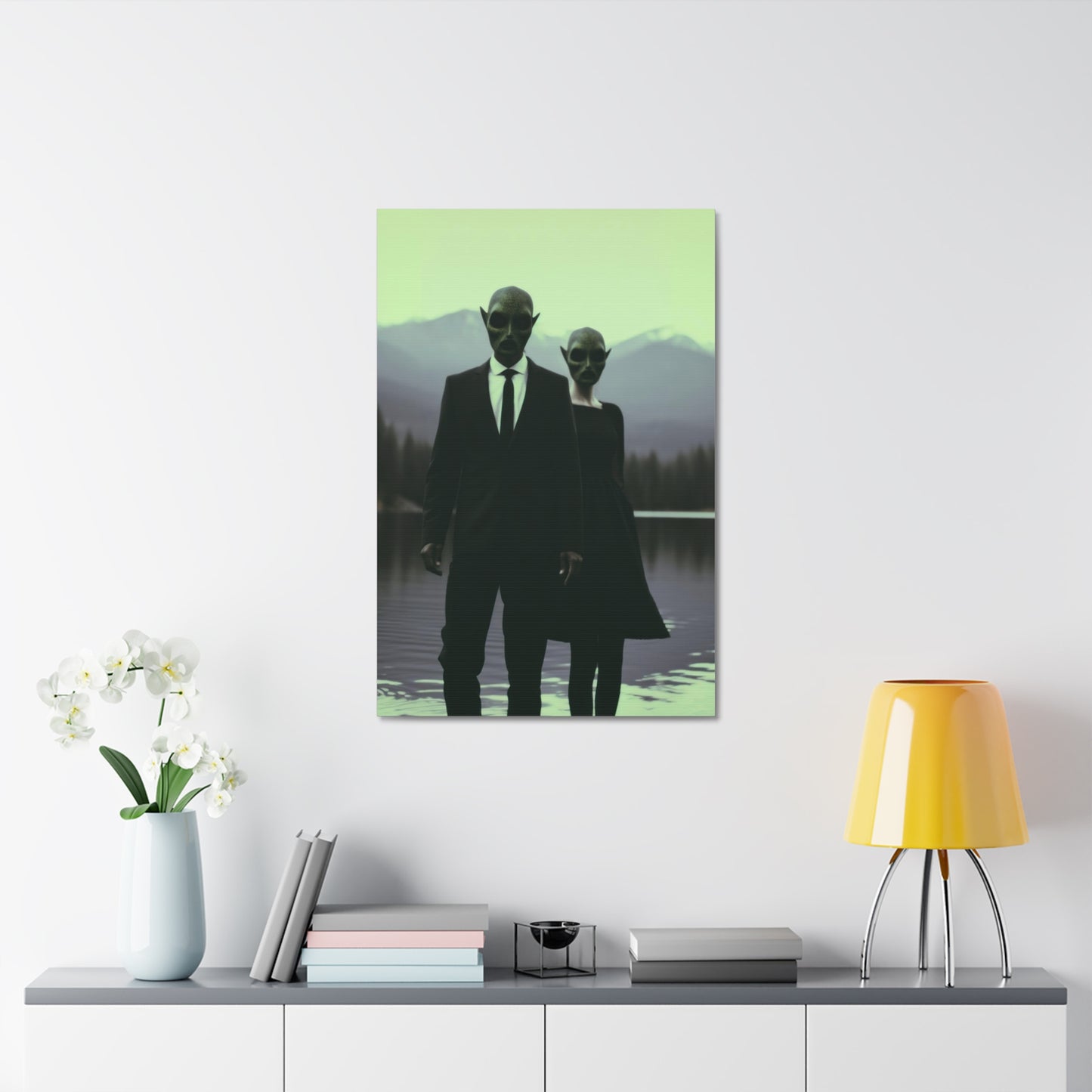 Couple Wearing Alien Mask, Sunglasses Photorealism in Silhouette 'Designed by AI' Art Print on Canvas