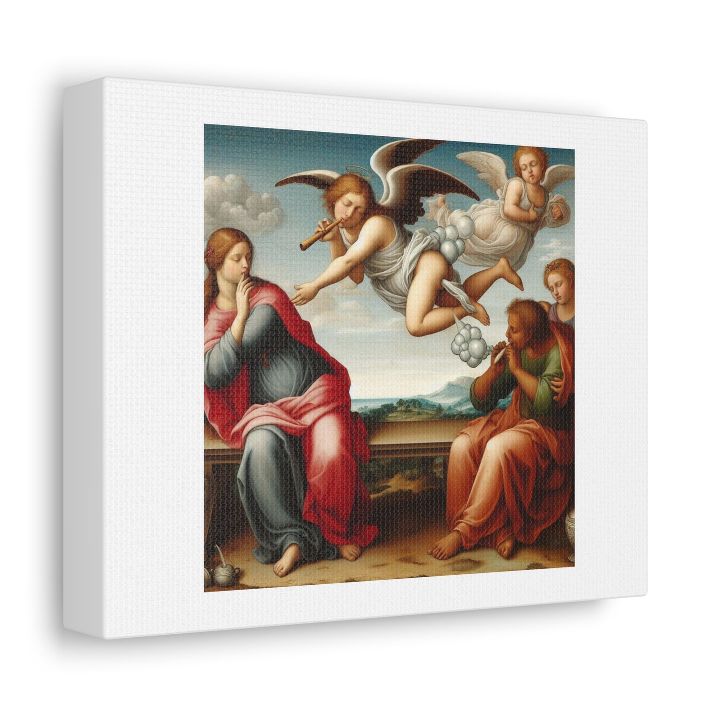 Art Print 'Angels Blowing Bubbles Out Of Someone in Renaissance Art Style' Designed by AI on Satin Canvas