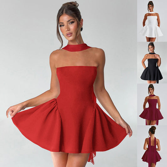 Vireous Tube Top Bandeau Mini Dress with Back Zipper, Party Dress
