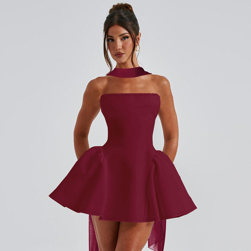 Vireous Tube Top Bandeau Mini Dress with Back Zipper, Party Dress