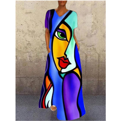 Art Portrait Printed, Art Lover V-Neck Stretch Dress, Plus SIzes