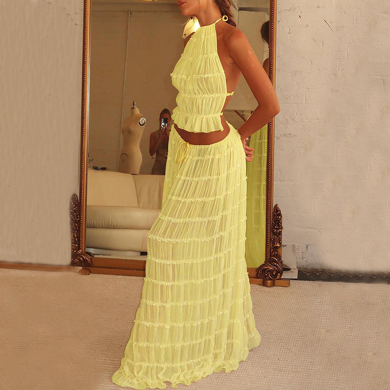Vireous Two-Piece Ruffled Women's Summer Halter Dress