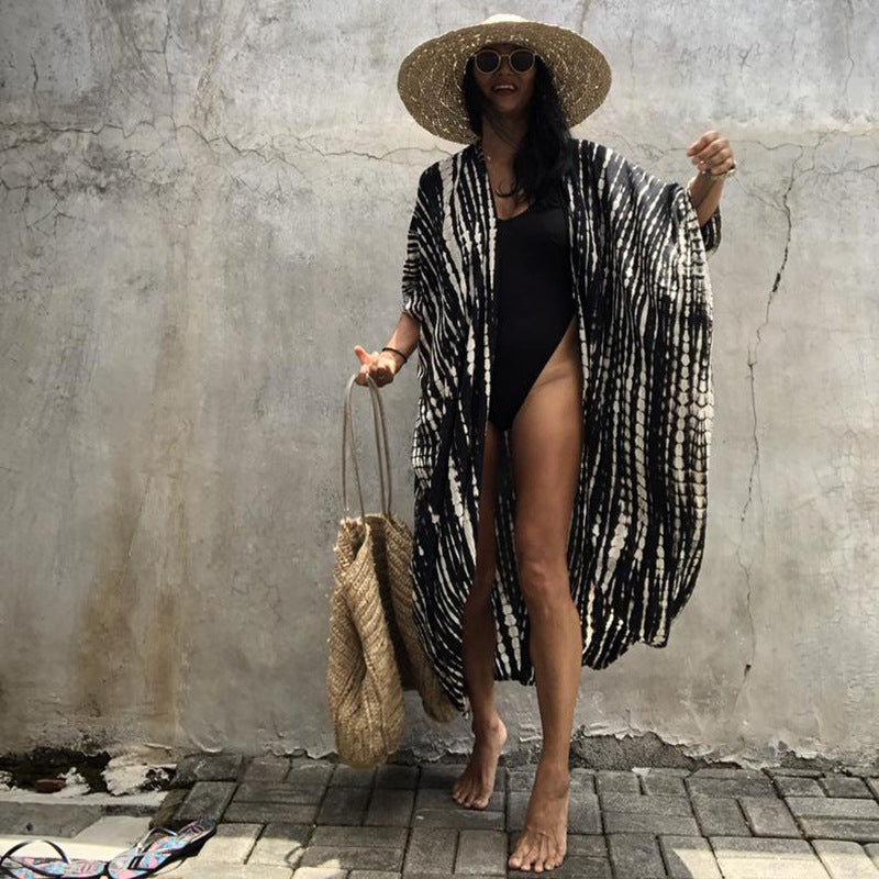 Boho Printed Fringed Long Kimono Beach Cover-Up Robe