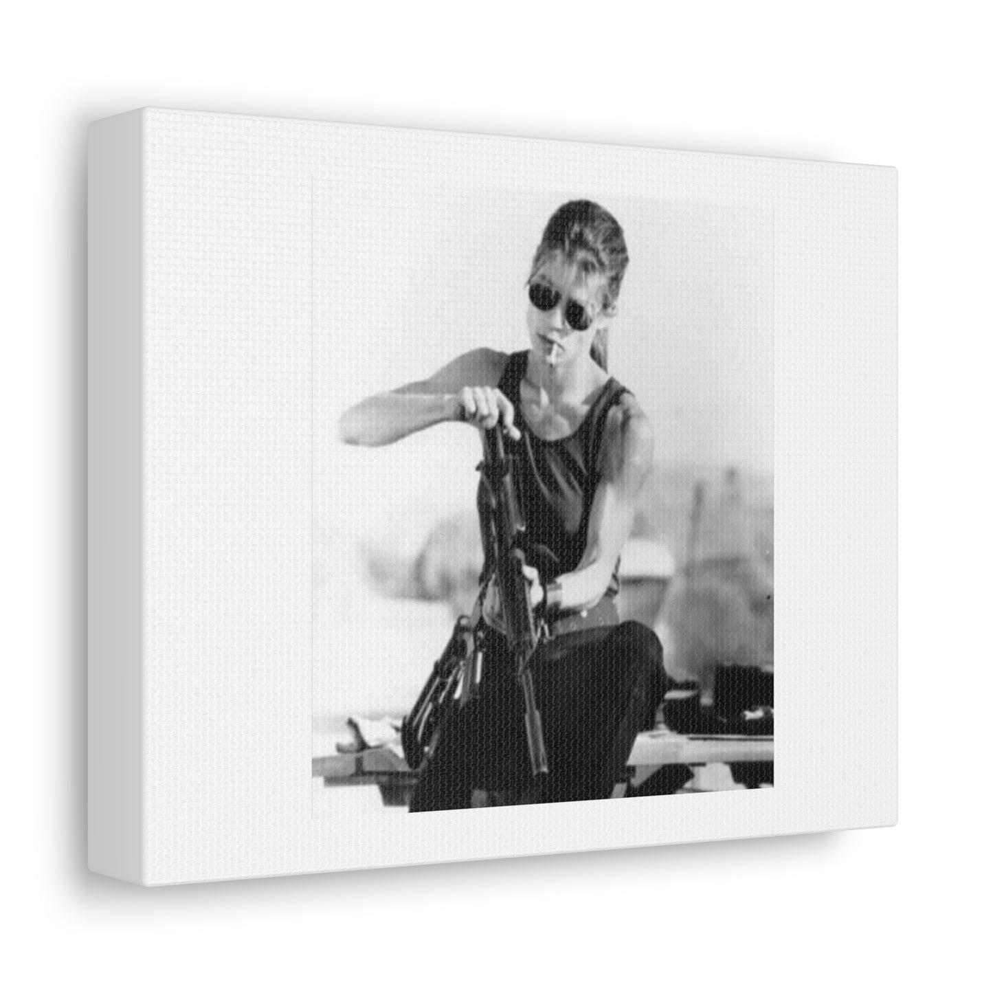 Woman With Sniper Rifle Weird Black & White Photographic Art Print on Satin Canvas