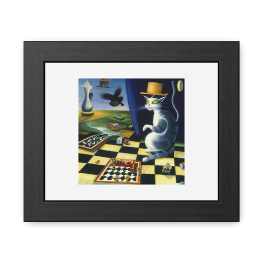 Cat Playing Chess In The Surrealist Style 'Designed by AI' Wooden Framed Print