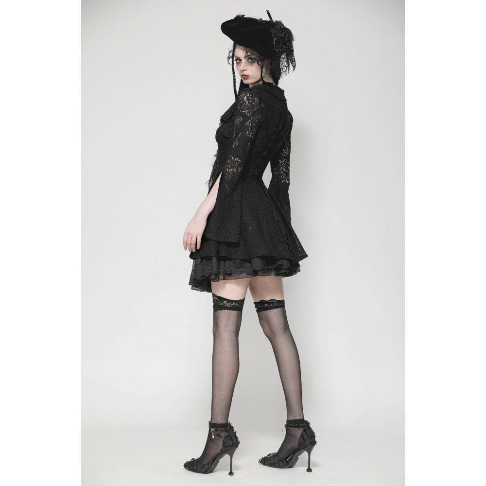 Dark in Love Luca Black Hollow Lace Gemstone-Button Adjustable Waist Dress