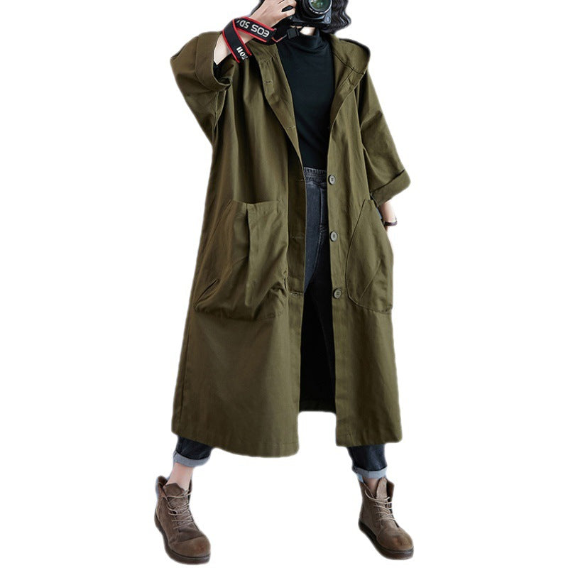 Vireous Loose Plus-Size Overknee Long Large Pocket Trench Coat