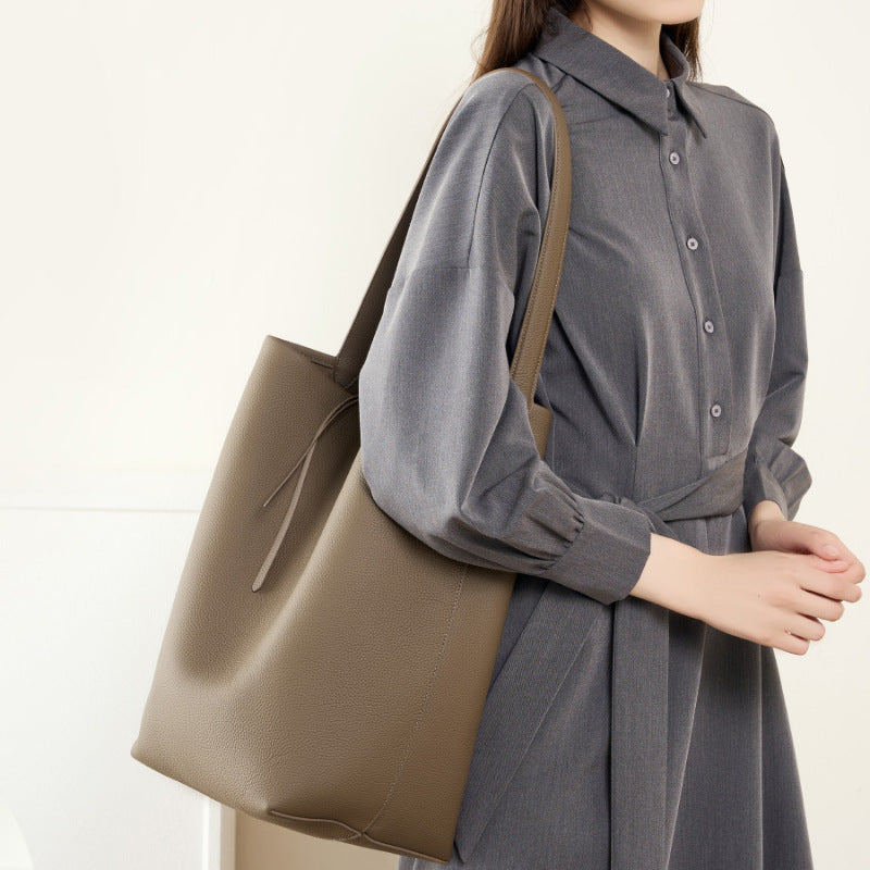 Vireous Minimalist-Style Leather Large Capacity One-Shoulder Bucket Bag
