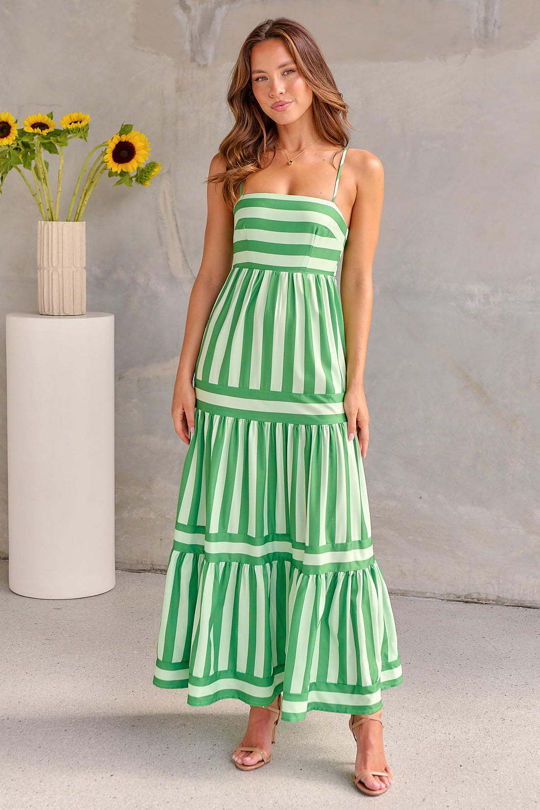 Vireous Summer Fresh Striped Print Suspender Long Dress, with Pockets