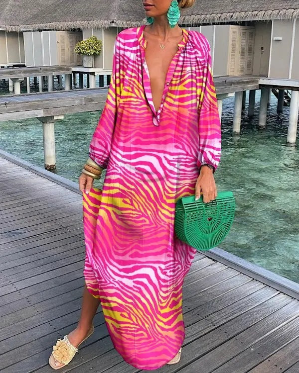 Bold Print Pullover Long Sleeve V-Neck Long Loose Dress, Spring and Summer Collection