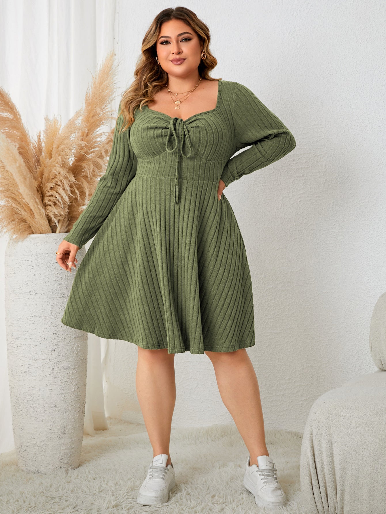 Vireous Plus Size Square Collar Dress