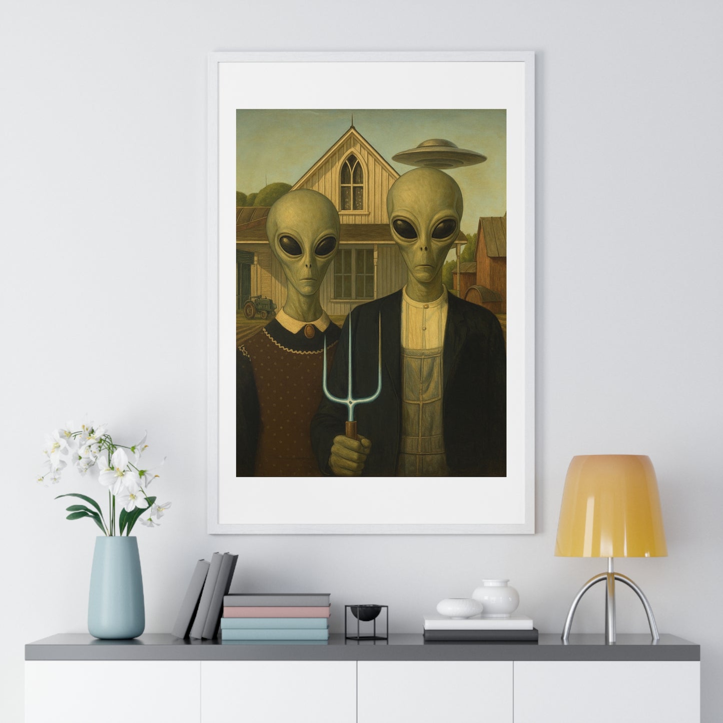 American Gothic Remixed, Midwestern American Aliens 'Designed by AI', Framed Art Print