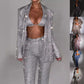 Three-Piece Sparkling Long-Sleeve Suit with Bra, Lapel Blazer, Straight-Leg Trousers