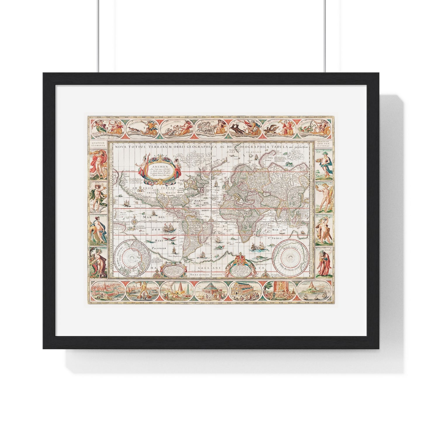 Map of the World 'Nova Totius Terrarum Orbis Geographica ac Hydrographica' (1635–1650) by Guiljelmo Blaeu, from the Original, Framed Art Print