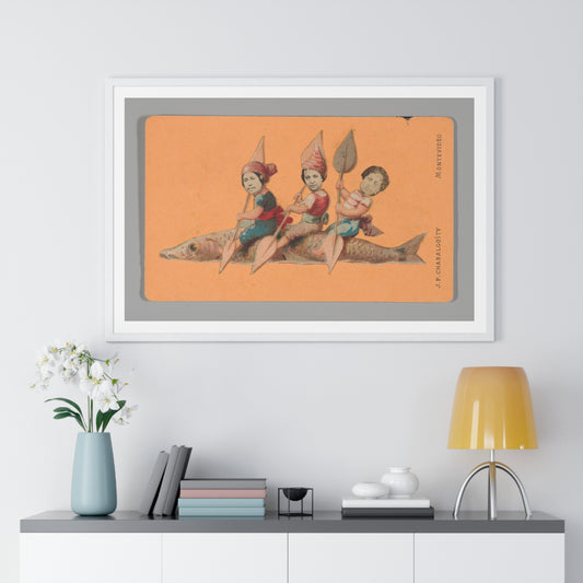 Uruguayan Photo Collage, Three People Holding Oars, Sitting on a Large Fish (circa 1875) Framed Art Print