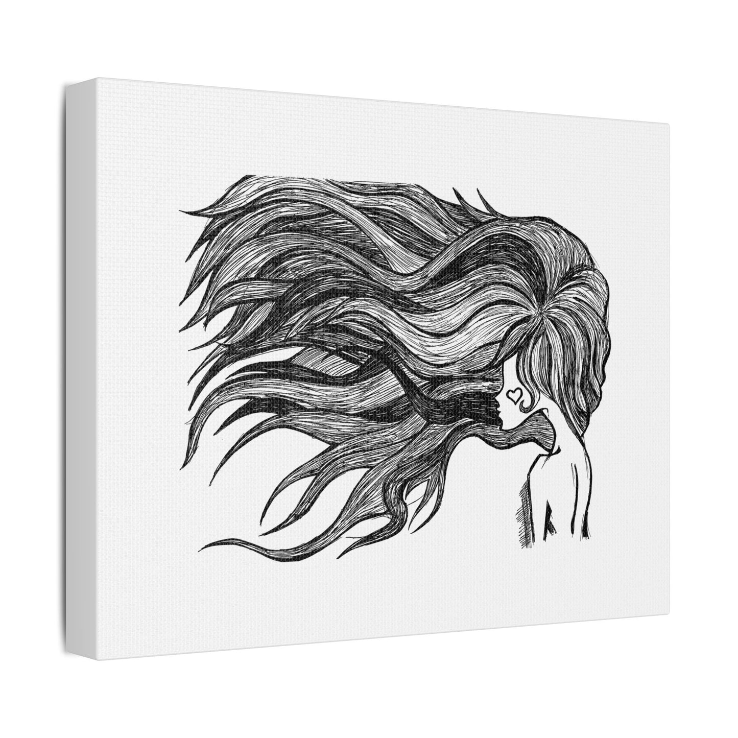 Flowing Hair Girl Line Art, Printed on Satin Canvas