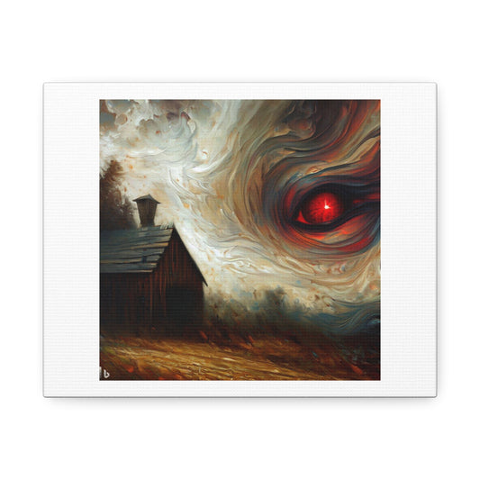 Detailed Painting Of a Red Eyed Ghost and Barn by Roberto Aizenberg 'Designed by AI' Print on Satin Canvas