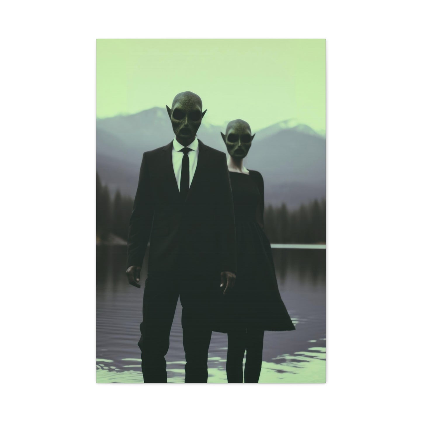 Couple Wearing Alien Mask, Sunglasses Photorealism in Silhouette 'Designed by AI' Art Print on Canvas