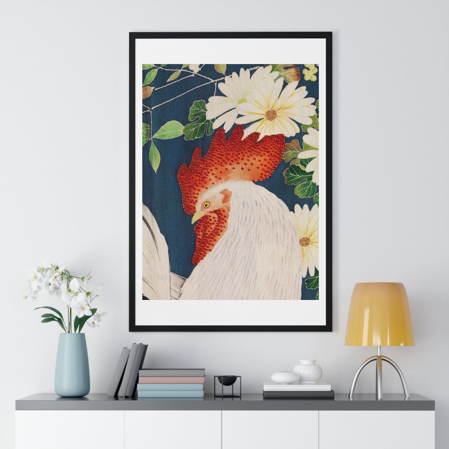 Rooster Pattern on Kimono Fabric, from the Original, Framed Art Print