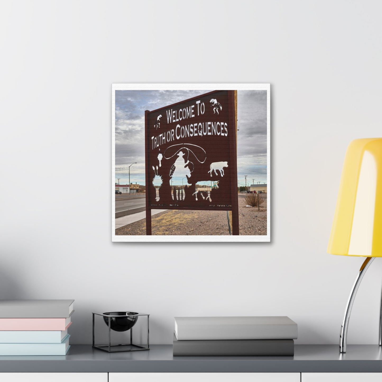 Silhouetted Welcome Sign on the Outskirts of Truth or Consequences, New Mexico, Print on Canvas