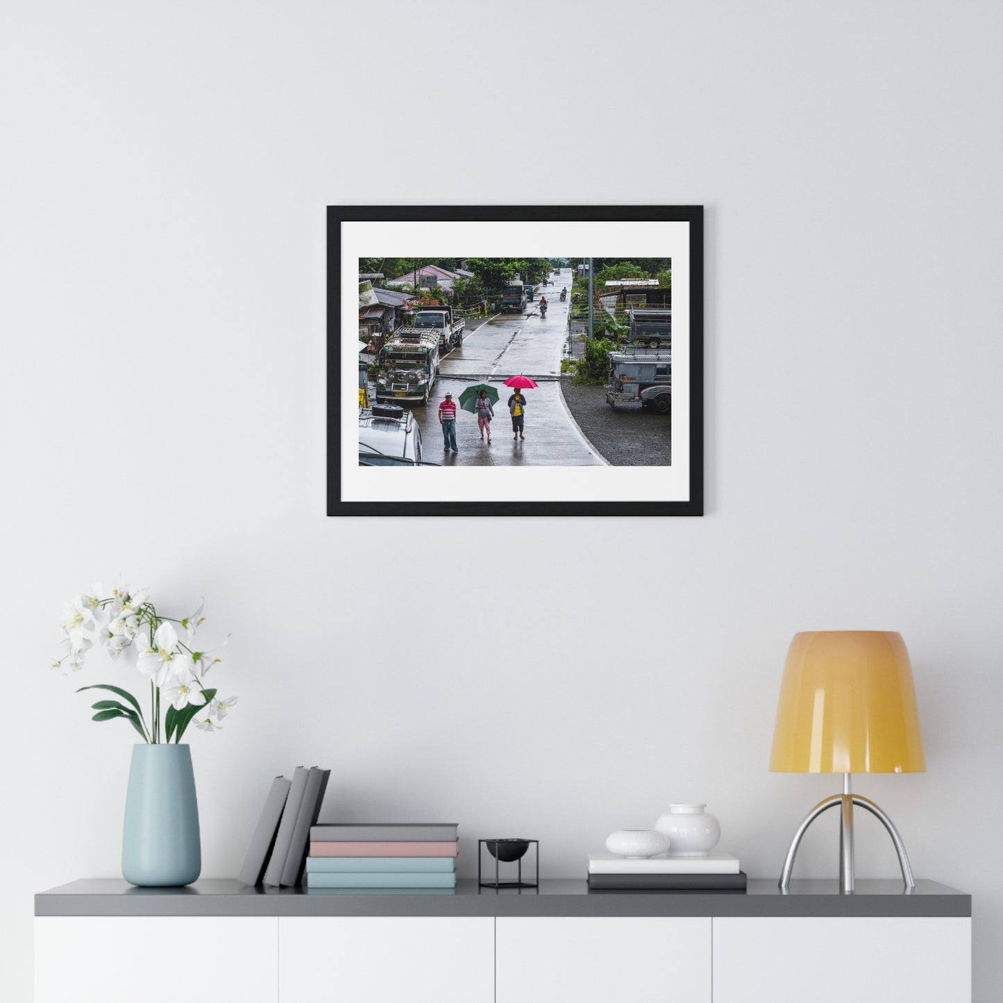 People Walking in the Rain in a Small Village, Nueva Vizcaya, Philippines (2017) Photographic Art, from the Original, Framed Print