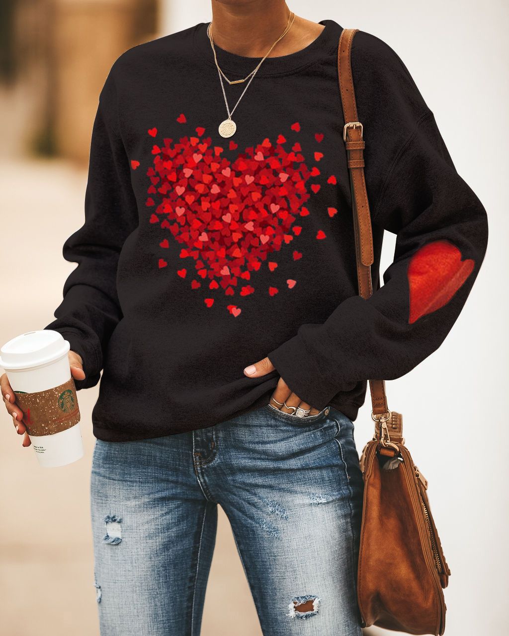 Women's Love Heart Design Casual Round Neck Loose Sweater