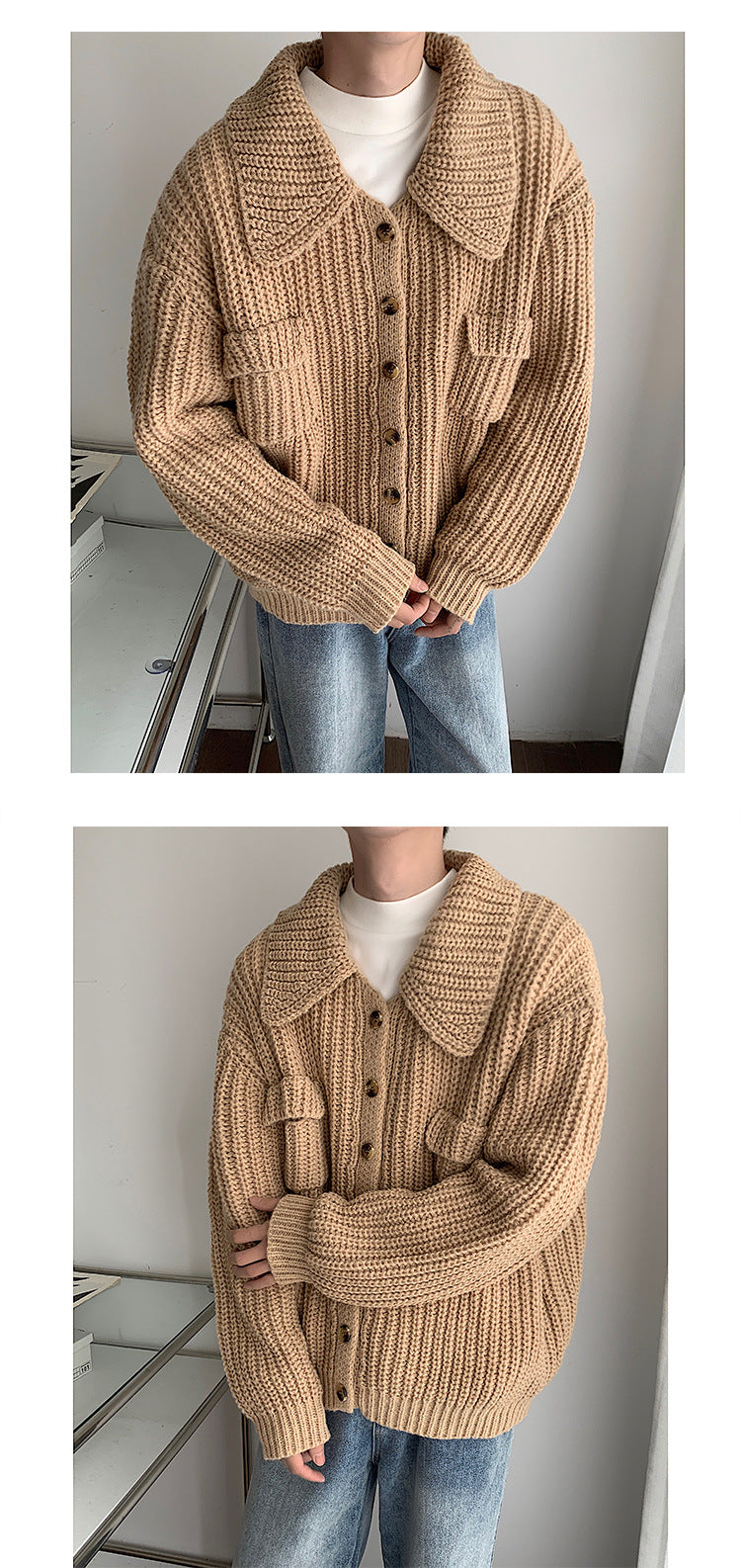 Vireous Retro 1970s Lapel Single-Breasted Men's Cardigan Sweater Coat