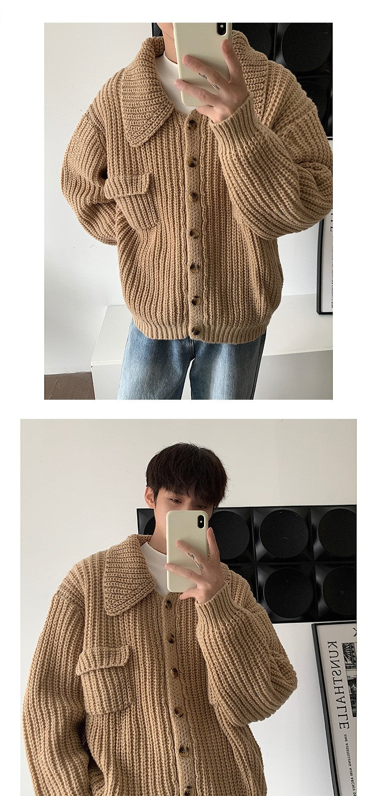 Vireous Retro 1970s Lapel Single-Breasted Men's Cardigan Sweater Coat