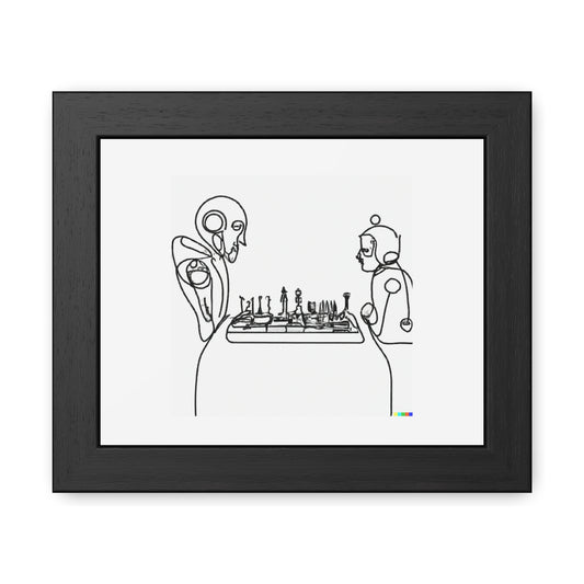 Human And Robot Playing Chess Single Line Art 'Designed by AI' Wooden Framed Print