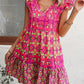 Vireous Pink Print Sleeveless Summer Sun Dress, Straight Tie-Up Dress