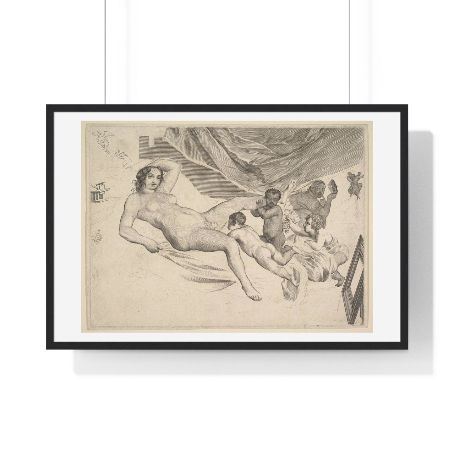 Allegorical Subject: Nude Woman, Three Children and a Mousetrap 'La Sourcière' by Claude Mellan, from the Original, Framed Art Print