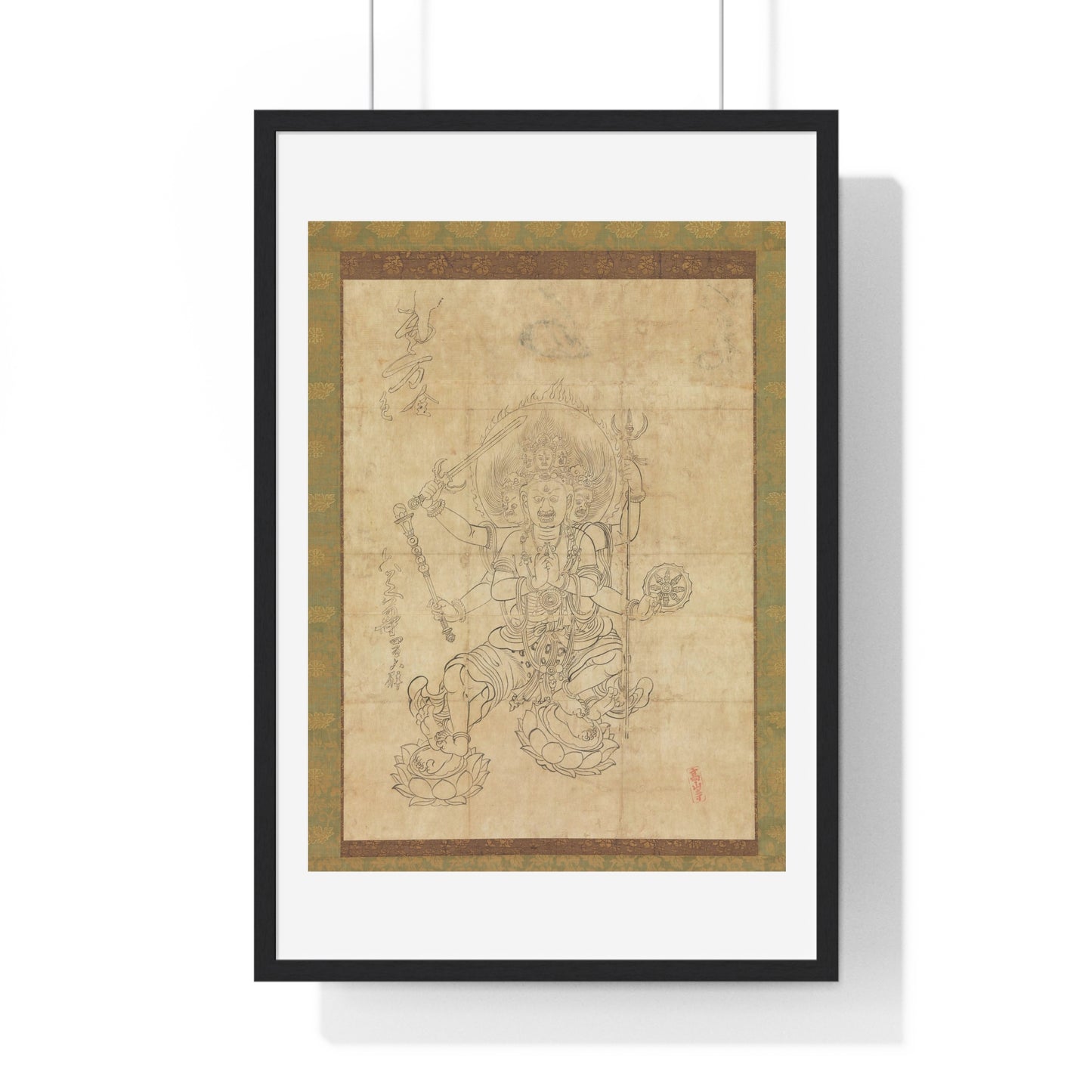 Antique Japanese Drawing of the Wisdom King Daiitoku (Daiitoku Myōō) from the Original, Framed Art Print