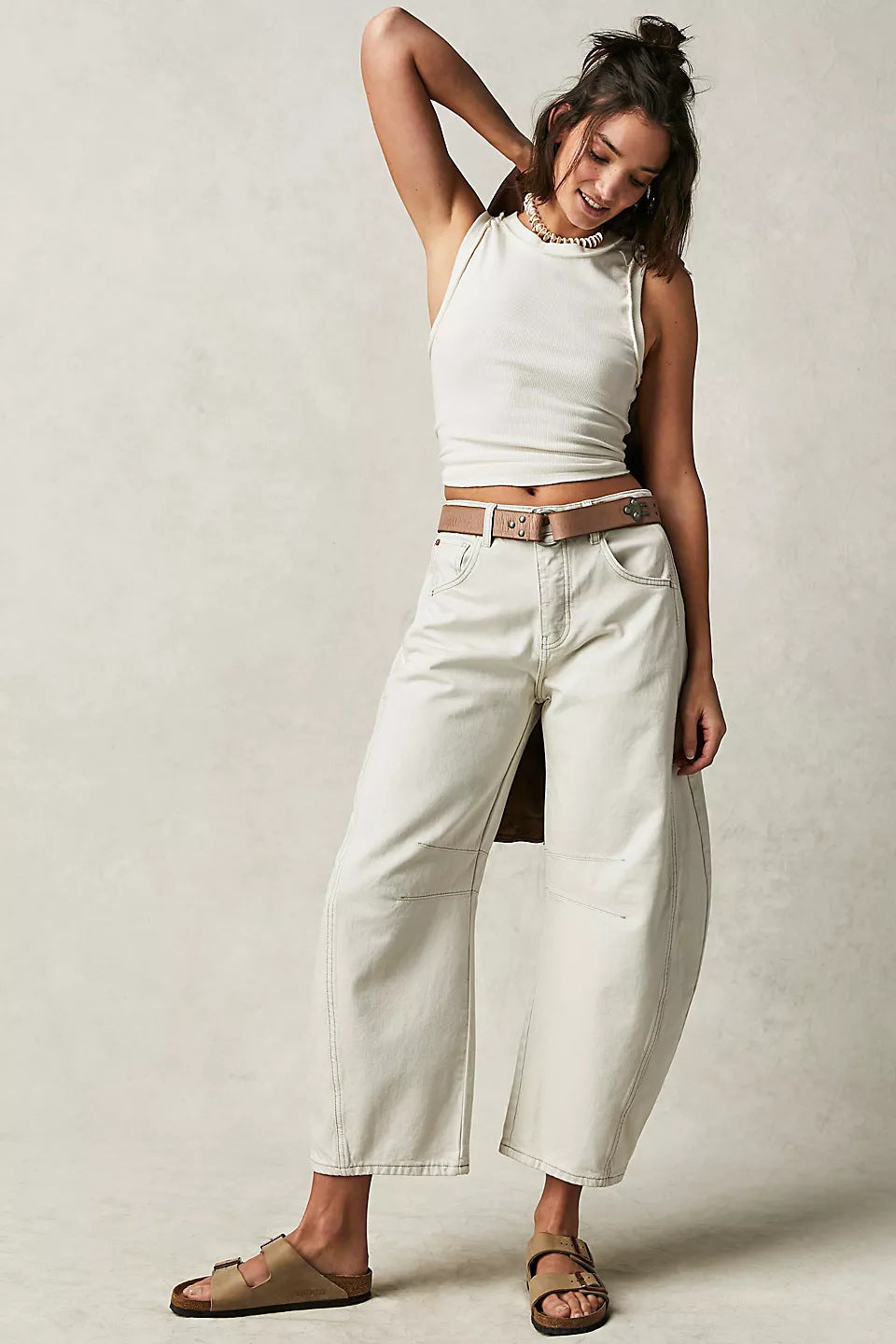 High-Stretch Mid-Rise Barrel Jeans, Fashion Wide Leg Women's Jeans