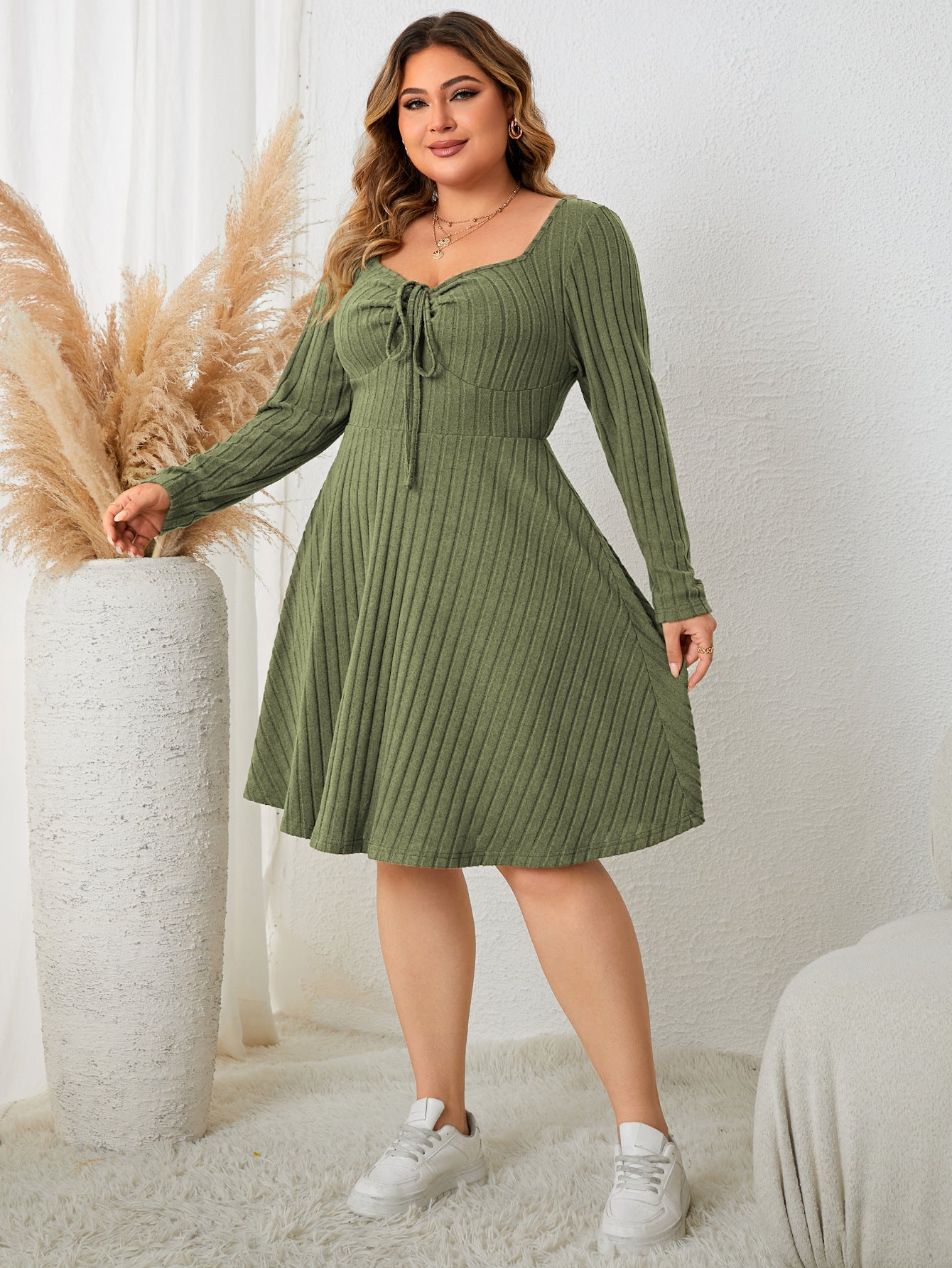 Vireous Plus Size Square Collar Dress